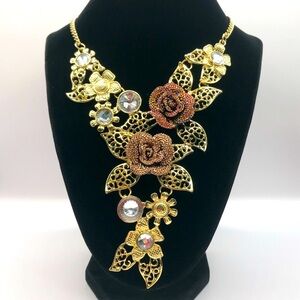 Gold-Tone Floral Statement Necklace with Crystal Accents